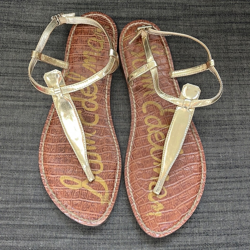 Sam Edleman Gigi Patent Gold T Strap Sandal (8.5)
